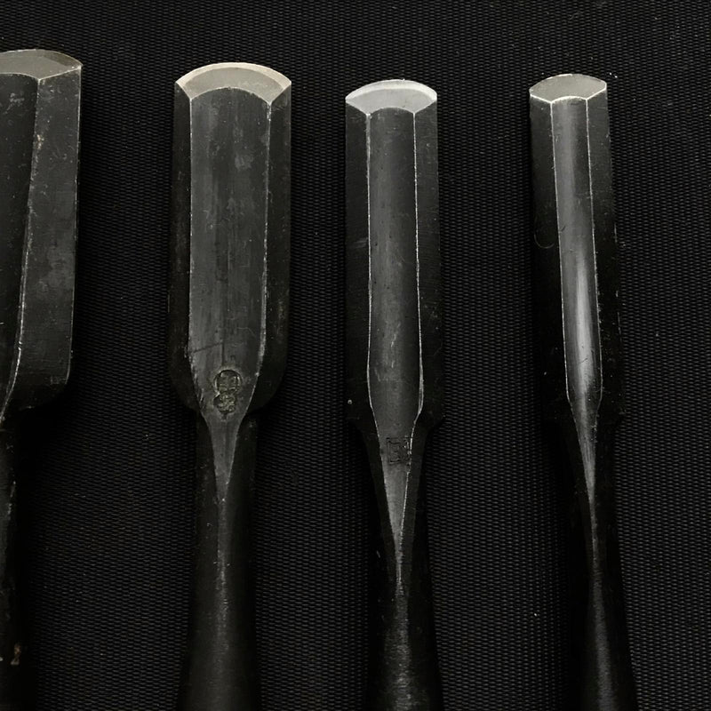 #10 Old stock Soto maru chisels set with white steel 掘出し物 外丸組鑿 5本組 Sotomarunomi