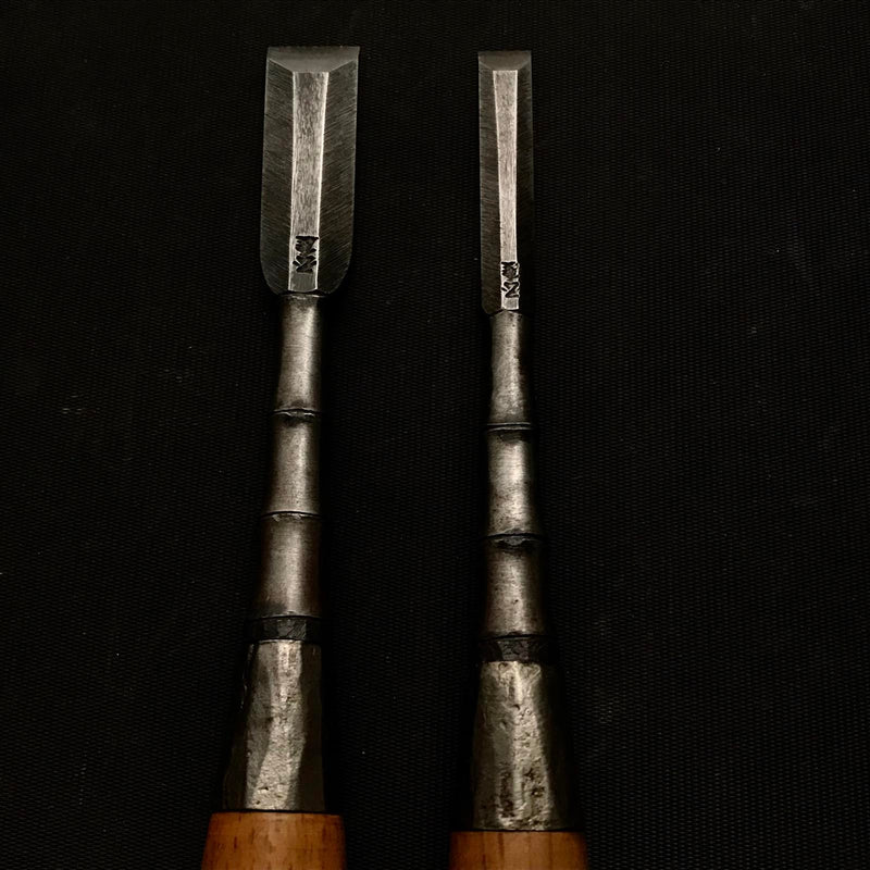 #2 Old stock Kunikei 3rd Generation Early works Bench chisels with bamboo finishing  掘出し物 池田慶郎氏 三代目国慶作 早期作品 竹節追入鑿 15mm 9mm