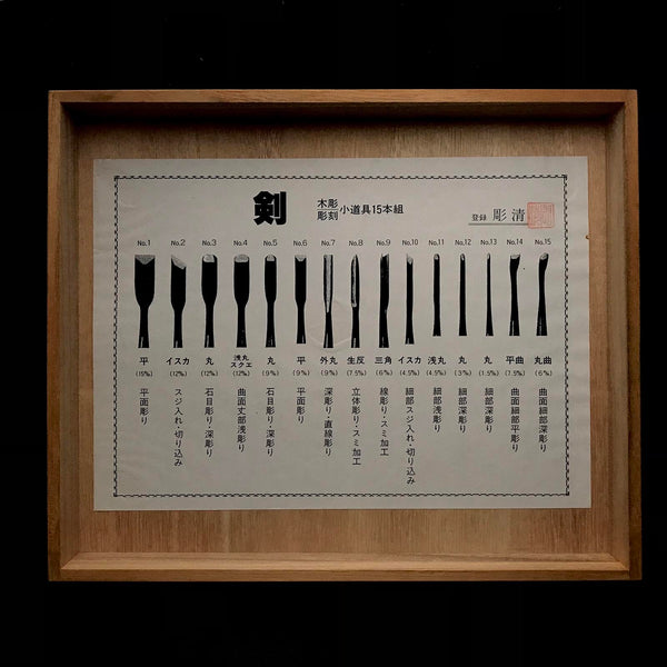 Ken Carving chisels set with Blue steel by Chousei 剣 彫刻刀15本組 彫清作 青紙鋼 Chokokuto