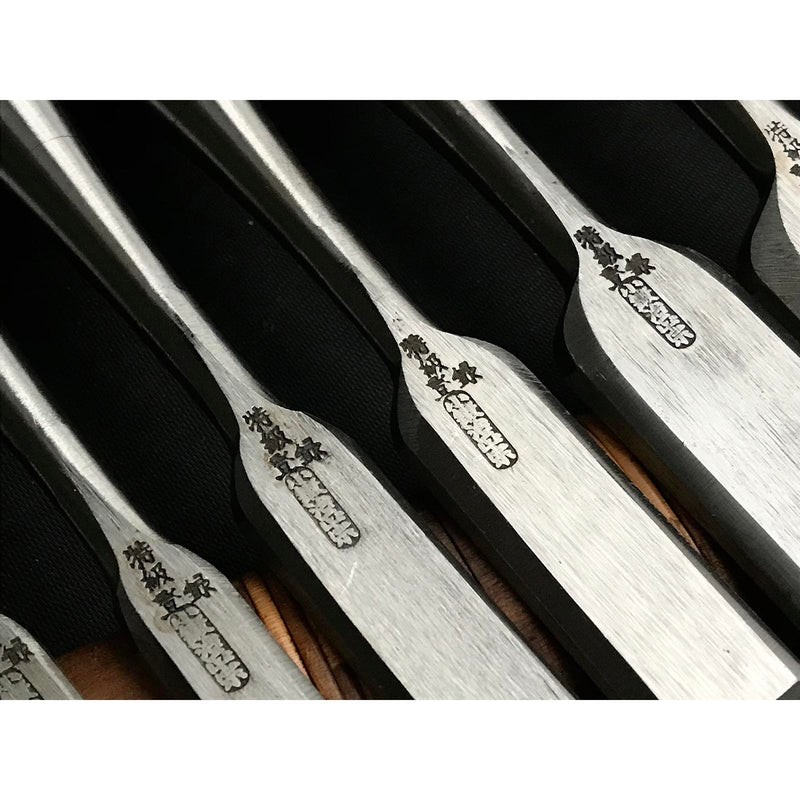 Old stock Kokaji-Masamune Bench chisels set with blue steel 掘出し物 小鍛冶正宗 三つ裏 青紙鋼 追入組鑿 紫檀柄  Oirenomi