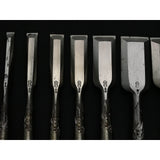 Old stock Hidemasa Bench chisels set with Dragon carving  掘出し物 秀正 追入組鑿 黒檀柄 Oirenomi
