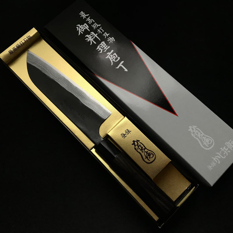 Hand made Kajihei Santoku Knife with Blue steel かじ兵衛 青紙鋼 墨流し 三徳包丁 165mm