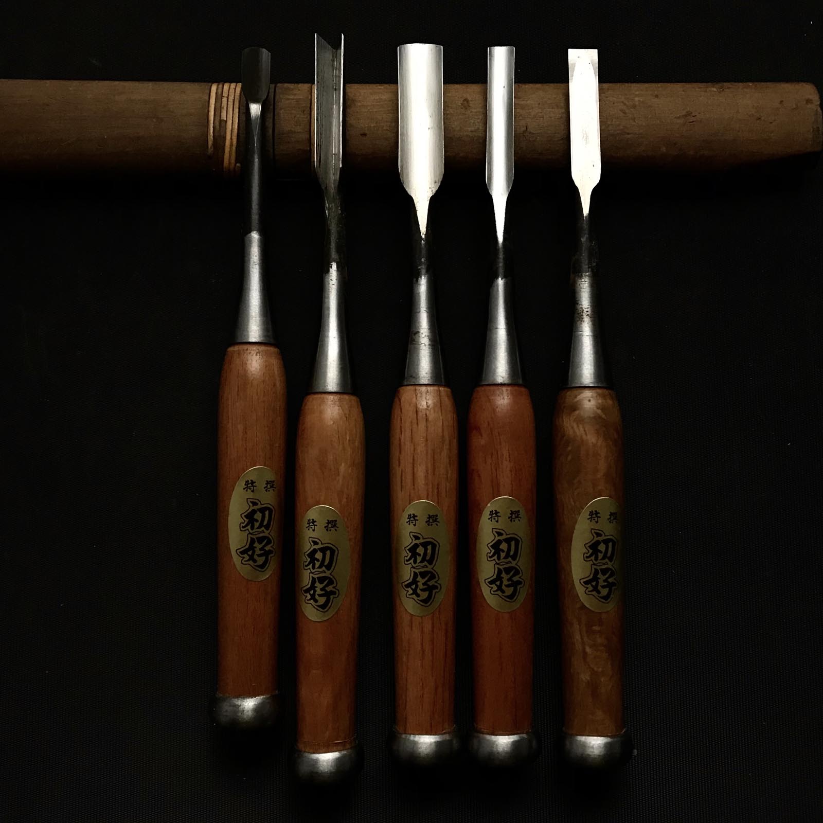 Old stock Hatsuyoshi Carving chisels set with Blue steel  掘出し物 初好 彫刻組鑿 5本