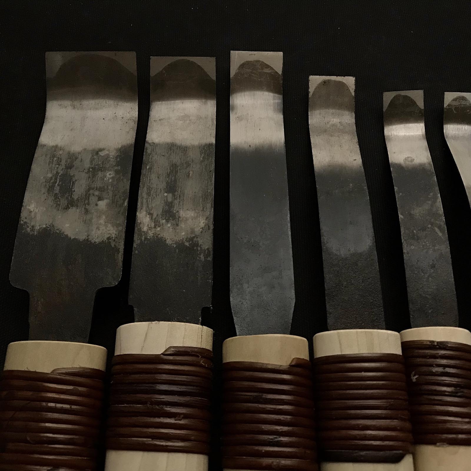 Old stock Spoon (flat blade) Carving chisels set with Blue steel  掘出し物 曲平刀10本組  青紙鋼