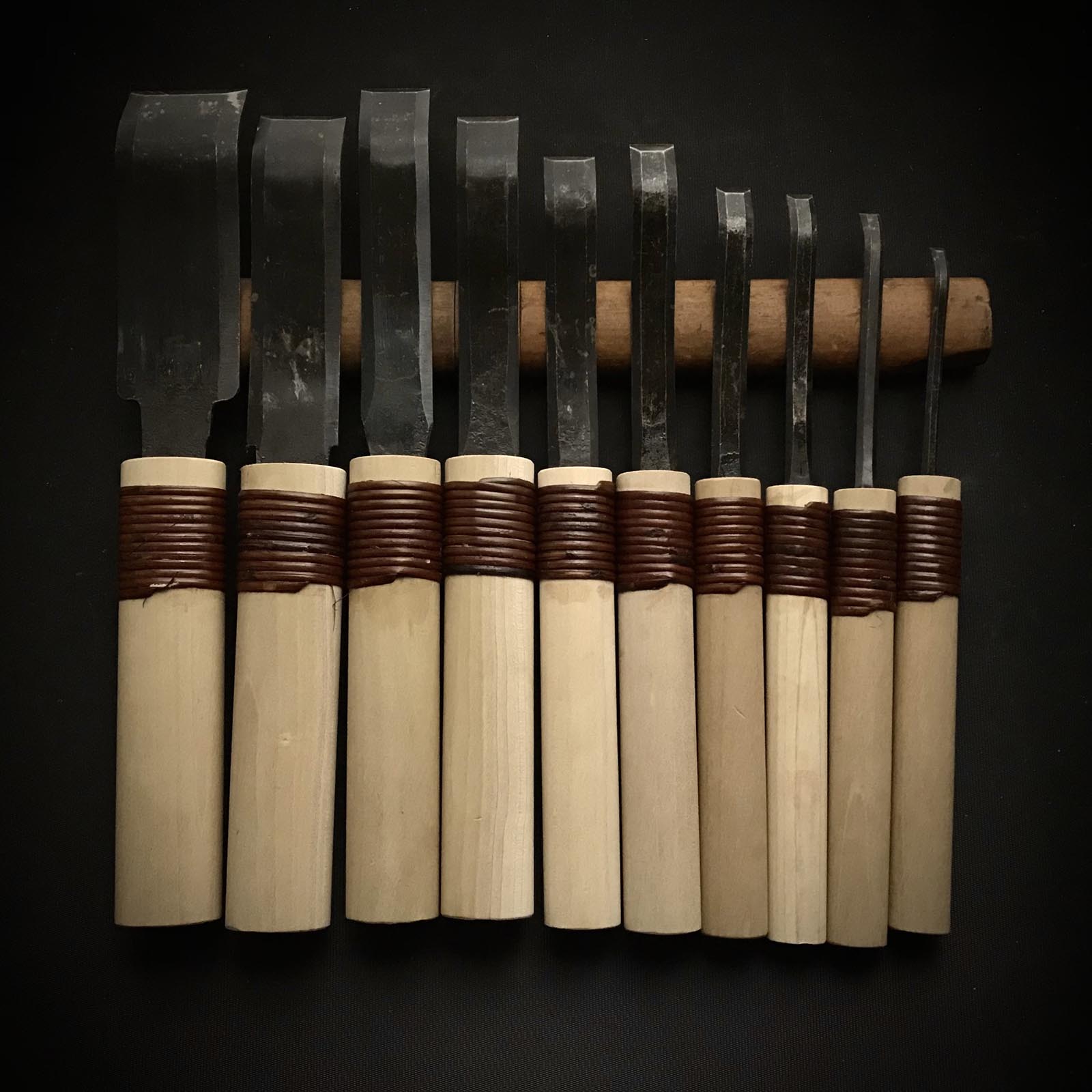 Old stock Spoon (flat blade) Carving chisels set with Blue steel  掘出し物 曲平刀10本組  青紙鋼