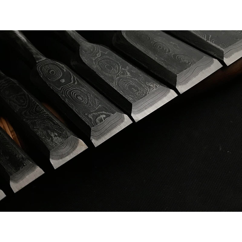 Old stock Ichimitsu Suminagashi Bench chisels set with Triple Ura 掘出し物 市光 三つ裏 墨流し 追入組鑿 柘植柄  Oirenomi